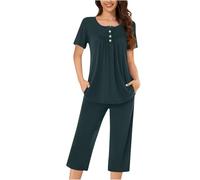 Pyjama Femme Ete Pas Cher Ensemble Pyjama 2 Pièces pour Femme Pyjamas Top À Manches Courtes Et 3/4 Pantacourt 3/4 Chic Elegant Fluide Vêtement De Nuit Idéal pour Printemps-Été Grande Taille Sleepwear