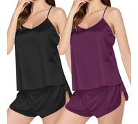 Pyjama Femme Été Soie Pyjama Femme Short Dentelle Ensemble en Satin pour Femmes Col en V Caraco Dentelle Maillot De Corps Short sans Femmes Sexy Pantalon Satin Brown M