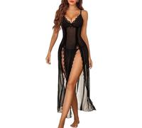 Pyjama Femme Fines Bretelles Long Dentelle Vêtements Sexy V Profond Perspective Sex Mode Lingerie Érotique B-Black M