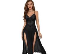 Pyjama Femme Fines Bretelles V Profond Sex Mode Lingerie Érotique Dentelle Perspective Vêtements Sexy A-Black XXL