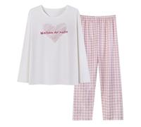 Pyjama Femme Grande Taille Pyjama LéGer, Tenue D'IntéRieur Col Ronde Manches Longues Et Pantalon à Carreaux 6 PièCes Chaud Doux ImpriméS De CœUrs Et De Lettres