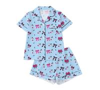 Pyjama Femme Halloween Ensembles de Pyjama 2 Pièces avec Chemise Boutonnée Manche Courte et Short Élastique À Imprimé Fantôme Chat et Citrouille Décontractée Tenue de Maison Casual Vêtements de Nuit