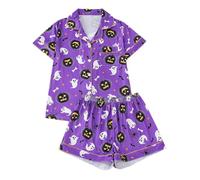 Pyjama Femme Halloween Ensembles de Pyjama 2 Pièces avec Chemise Boutonnée Manche Courte et Short Élastique À Imprimé Fantôme Chat et Citrouille Décontractée Tenue de Maison Casual Vêtements de Nuit