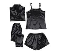 Pyjama Femme Haut de Gamme avec Broderie Lettres - 4 Pièces (T-Shirt, Short, Peignoir, Chouchou) - Motifs Floraux Tendances - Coton Respirant - Tenue de Nuit Luxueuse pour Printemps/Été