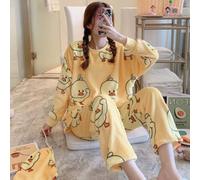 Pyjama Femme Hiver,Automne Col Rond Pull Pyjama Jaune Poussin À Manches Longues Costume De Vêtements De Nuit Épais Chaud Corail Chemise De Nuit en Flanelle Femme Lâche Homewear Grande Taille, XXL