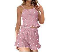 Pyjama Femme Hiver Coton Petite Robe Noire Femme Ensemble De Vêtements De Nuit Courts Côtelés pour Femmes avec Bord Plissé Ensemble Vêtements Pyjama Grande Taille Nuisette Pink L
