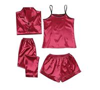 Pyjama Femme Hiver Ensembles 4 Pcs Pyjama Polaire Hiver Chaud Homewear Femme Classique Chic Ensemble Pijama Manches Longues Hauts Pyjashort Tenue Rose Set Sleepwear