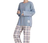 Pyjama Femme Hiver Ensembles de Pyjama Coton Vêtement de Nuit à Manches Longues haut à manches longues de couleur unie Haut + Bas de Pyjama Carreaux Automne et Hiver
