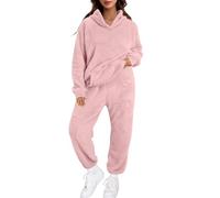 Pyjama Femme Hiver Pilou Polaire Ensembles de Pyjamas Chaud et Doux Flanelle Vêtements de Nuit Manche Longue Haut et Pantalon À Capuche Pyjamas avec Poches Chic Coupe Ample Sleepwear Loungewear Noel