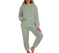 Pyjama Femme Hiver Polaire Ensembles de Pyjamas Vêtements de Nuit Deux Pièces Vêtements De Nuit Sweatshirt Manches Longues à Capuche avec Poches et Pantalon Pyjama Chaud Femme Grande (Light Green, XS)