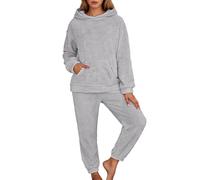 Pyjama Femme Hiver Polaire Ensembles de Pyjamas Vêtements de Nuit Deux Pièces Vêtements De Nuit Sweatshirt Manches Longues à Capuche avec Poches et Pantalon Pyjama Chaud Femme Grande (Light Gray, XL)
