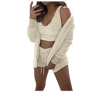 Pyjama Femme Hiver Set 3 Pcs Nuisette Polaire Hivers Loungewear Femme Décontractée Chic Ensemble Pijamas Manches Longues Chemisier Shorts Costume Bleu Sets Sleepwear