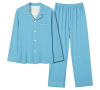 Pyjama Femme LéGer Pyjama Chaud Et Doux, VêTements De Nuit Grande Taille à Manches Longues À Revers De DéTente Boutonné Couleur Unie Confortable avec Col V 41 PièCes