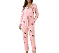 Pyjama Femme LéGer Pyjama Manches Longues, VêTements De Nuit Grande Taille Deux PièCes Pjs Mi Saison Homewear Chic Set Boutonne Haut DéContracté Et Confortable pour Toutes Les Saisons