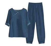 Pyjama femme Nicki imprimé décontracté pour femme, lin, manches moyennes, taille haute, poche de pantalon ample, ensemble 2 pièces avec bas et combinaison de maison pour personnes âgées, Marine, M