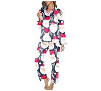 Pyjama Femme Noel Chaud,Pyjama Femme Doux Ensemble Hiver Confortable VêTement Nuit DéTente Imprimé Automnal Deux PièCes Long Pantalon Col V ÉLéGant