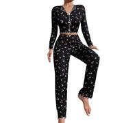 Pyjama Femme Polaire Combinaison Nuisette Femme Women S 2 Piece Long Sleeve Button Front V Neck Print Lettuce Trim Pajama Set Ensemble Pijamas Femmes Sexy Robe Violette Black XL
