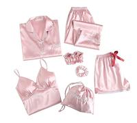 Pyjama Femme Polaire, Ensemble Pyjama Femme Confortable Sept PièCes ModèLe Manches Longues Short Bretelles Tissu Respirant Nuit Reposante