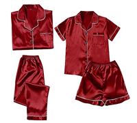 Pyjama Femme Satin de Soie Unisexe Grande Taille 4 Pièces Ensembles de Pyjama Short et Caraco Lingerie Sexy Automne Hiver Manche Longue Vêtements de Nuit Classique Sleepwear