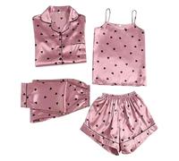 Pyjama Femme Satin de Soie Unisexe Grande Taille 4 Pièces Ensembles de Pyjama Short et Caraco Lingerie Sexy Automne Hiver Manche Longue Vêtements de Nuit Classique Sleepwear (02 Rose, L)