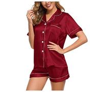 Pyjama Femme Satin Ensemble de Pyjama Chemise De Nuit Sexy Chic Ete 2 pièce Vêtements de Nuit De Soie et Boutons Deux De Femme avec Haut à Manches Courtes Pyjama Set Court