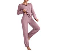 Pyjama Femme Set 2 Pcs Pijama Coton Mi Saison Homewear Femmes Grande Taille Classique Sets Pyjamas Manches Longues Button Haut Pantalon Deguisement Rouge Ensemble Sleepwear