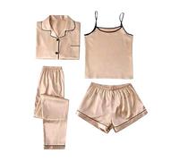 Pyjama Femme Sexy 4 pièces Femmes Satin Soie vêtements de Nuit Pyjama Ensemble à Manches Longues Bouton vers Le Bas vêtements de détente Pyjama Femme Hiver 3 Pieces Pyjama Famille Short (Gold, S)