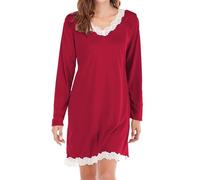 Pyjama Femme Sexy Chemises de Nuit à Manches Longues pour Femmes, col en V, Chemises de Nuit en Dentelle, t-Shirt décontracté, Robe de Nuit avec Nuisette Longue Femme Nuisette Et Peignoir (Red, L)