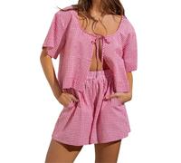 Pyjama Femme Sexy Femmes Cravate Avant 2 Ensemble Short et Haut à Carreaux Manches Bouffantes Chemise péplum Ourlet à Volants Pyjama Ensemble Tenue rayée Pyjama Polaire Lingerie Femme Sexy (Red, S)