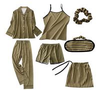 Pyjama Femme Sexy, Pyjama Femme Sept PièCes en Imitation Coton Rayé Soie VêTement Quatre Saisons ExtéRieur Maison Confortable Nuit