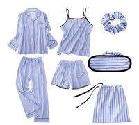 Pyjama Femme Sexy, Pyjama Femme Sept PièCes en Imitation Coton Rayé Soie VêTement Quatre Saisons ExtéRieur Maison Confortable Nuit
