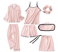 Pyjama Femme Sexy, Pyjama Femme Sept PièCes en Imitation Coton Rayé Soie VêTement Quatre Saisons ExtéRieur Maison Confortable Nuit