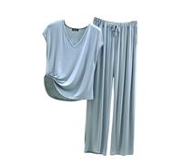 Pyjama Femme Soie Satin Short Pyjama Noël Femme Ensemble pour Femmes 2 Ensembles Assortis Haut à Manches Courtes Et Pantalons avec Poches Monstre Et Compagnie De Sky Blue XL