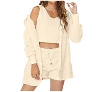 Pyjama Femme Trois Pièces Ensemble 3 Pièces de Pyjamas en Peluche Grandes Tailles Décontracté Couleur Unie Veste à Capuche à Manches Longues Short à Cordon de Serrage Gilet Automne Hiver Pas Cher