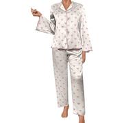 Pyjama Femmes Ete Satin Pyjama Femme Coton Hiver Ensemble Décontracté 2 Pièces pour Femme Imprimé Doux Manches Longues Confortable Chemise Nuit Pantalon Beige S