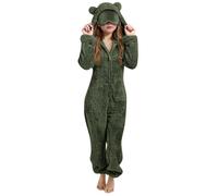 Pyjama Fille Confortable en Polaire Douce Combinaison Nuit Hiver avec Capuche Chat Design Chaud pour Enfants (B-Army Green, 11-12 Years)