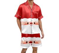 Pyjama fille de Noël pas cher à manches courtes avec col boutonné et imprimé de Noël pyjama animaux pingouin, Rouge-u, M