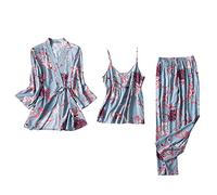 Pyjama floral pour femme en satin de soie - Haut de peignoir et pantalon à taille élastique et haut à bretelles spaghetti - Vêtement de nuit élégant pour fête de mariage - Ensemble 3 pièces pour femme