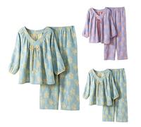 Pyjama floral pour femme, haut à col en V et pantalon à taille élastique, vêtements de détente à manches longues, vêtements de nuit amples à lacets, ensemble de pyjama en coton, vêtements d'intérieur