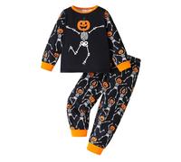 Pyjama Halloween Garçon Deux Pièces à Imprimé Citrouille Haut et Pantalon Complet à Imprimé Squelette Confortable Vêtement de Nuit pour Soirées Festives(Black, 7-8 Years)