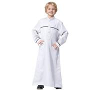 Pyjama Hiver Enfant Garcon 8 Ans - Thobe Arabe à Manches Longues Crew Robe Adolescents garçons à Manches Longues Robe brodée Ensemble vêtements pour Enfants Arabes (White 7-8 Years)
