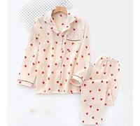 Pyjama Hiver Femme,Ensemble de Pyjama pour Femme Motif Coeur Rouge Revers en crêpe de Coton lavé Bouton Beige Haut à Manches Longues et Bas Vêtements de Nuit Vêtements de détente Pyjama Long p