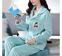 Pyjama Hiver Femme,Pyjama En Molleton Chaud À Motif Cerise Pour Femme Ensemble De Pyjama D'Hiver Bleu Cardigan Vêtements De Nuit Haut À Manches Longues Bas Doux Comfy Thermique Homewear Avec Poch