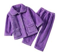 Pyjama Hiver Fille 3-14 Ans Polaire - Chemise à Manches Longues Avec Poches Ensembles Doux T-shirt Haut Pantalon Loungewear Mode Tenue 2 Pièces Unie Simple Vêtement Enfant (Purple, 3-4 Years)