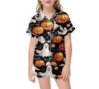 Pyjama Hiver Halloween Enfant Motif Citrouille Imprimé Short Manches Courtes Maison Douce Vêtements Poche Décontracté Casual pour Vêtement Nuit