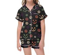 Pyjama Hiver Halloween Fille Design Rayé Enfant Short Manches Courtes Ensemble 2 Pièces Costume Assorti Décontracté Casual pour Vêtement Nuit