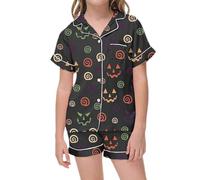 Pyjama Hiver Halloween Fille Design Rayé Enfant Short Manches Courtes Ensemble 2 Pièces Costume Assorti Décontracté Casual pour Vêtement Nuit