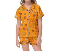 Pyjama Hiver Halloween Fille Design Rayé Enfant Short Manches Courtes Ensemble 2 Pièces Costume Assorti Décontracté Casual pour Vêtement Nuit