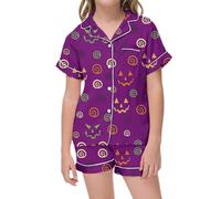 Pyjama Hiver Halloween Fille Design Rayé Enfant Short Manches Courtes Ensemble 2 Pièces Costume Assorti Décontracté Casual pour Vêtement Nuit