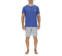Pyjama Homme Court 100% Coton, Vêtements de Nuit Homme, Ensemble T-Shirt et Short, Bleu Taille L